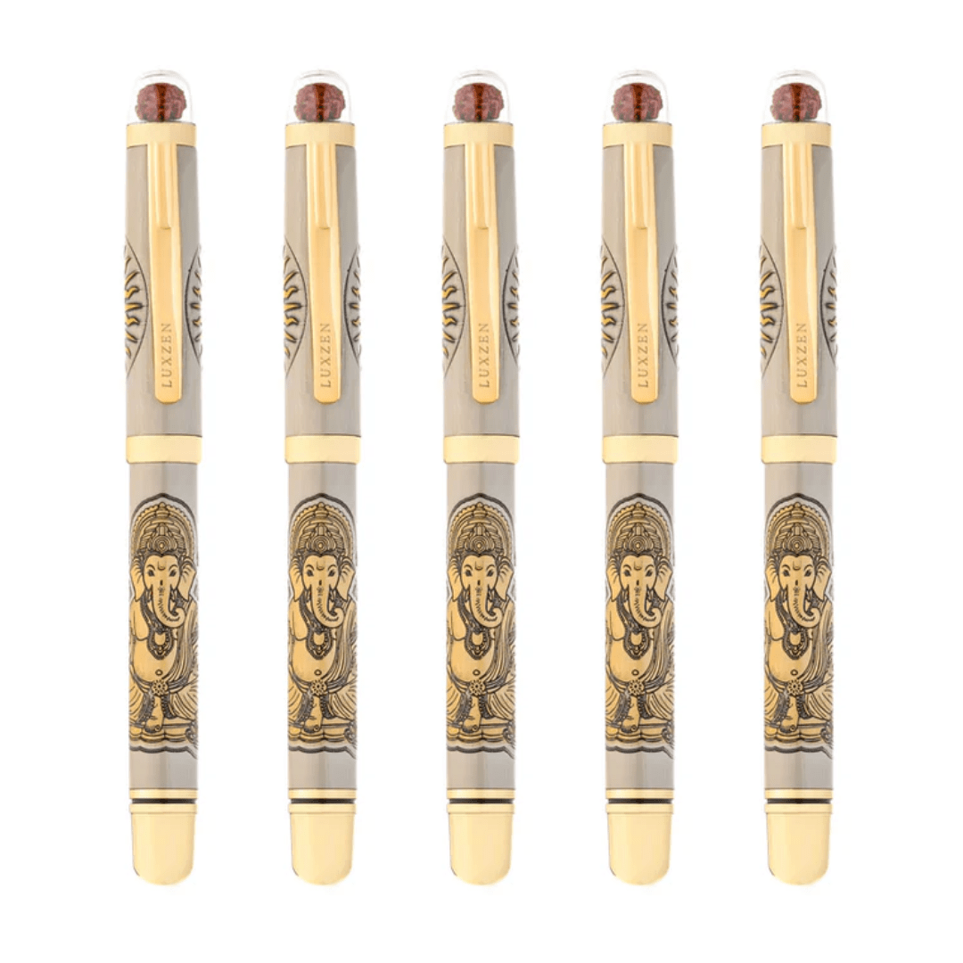 Personalised Sacred Lord Ganeshji Metal Roller Pen with Rudraksh Bead Embed - The Gifting Era