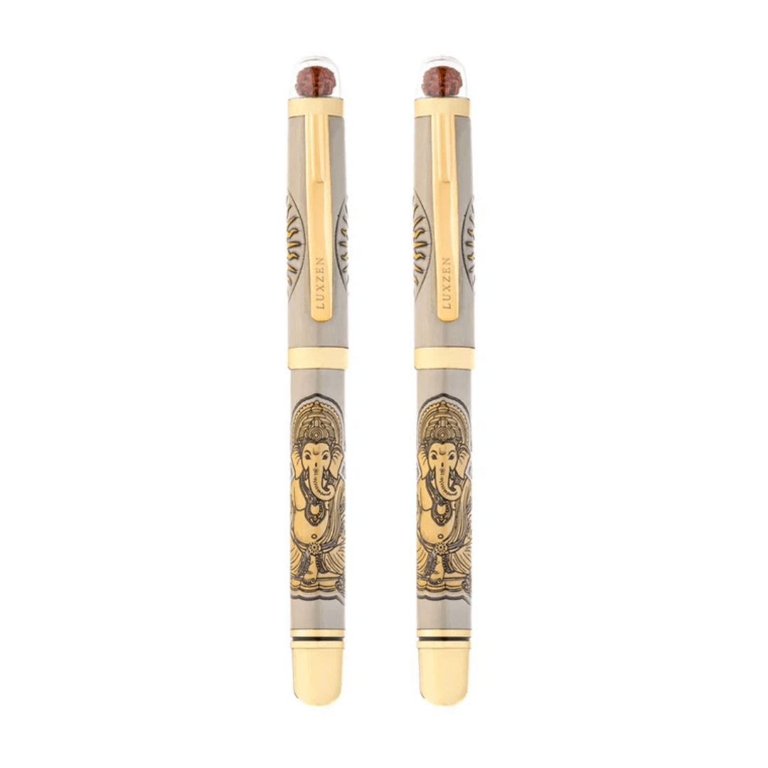 Personalised Sacred Lord Ganeshji Metal Roller Pen with Rudraksh Bead Embed - The Gifting Era
