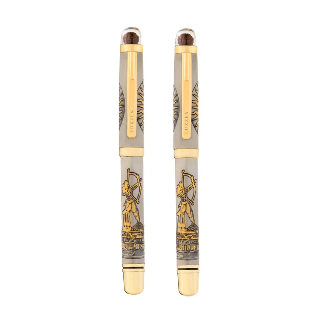 Personalised Sacred Lord Jai Shree Ram Ayodhya Metal Roller Pen with Rudraksh Bead Embed - The Gifting Era
