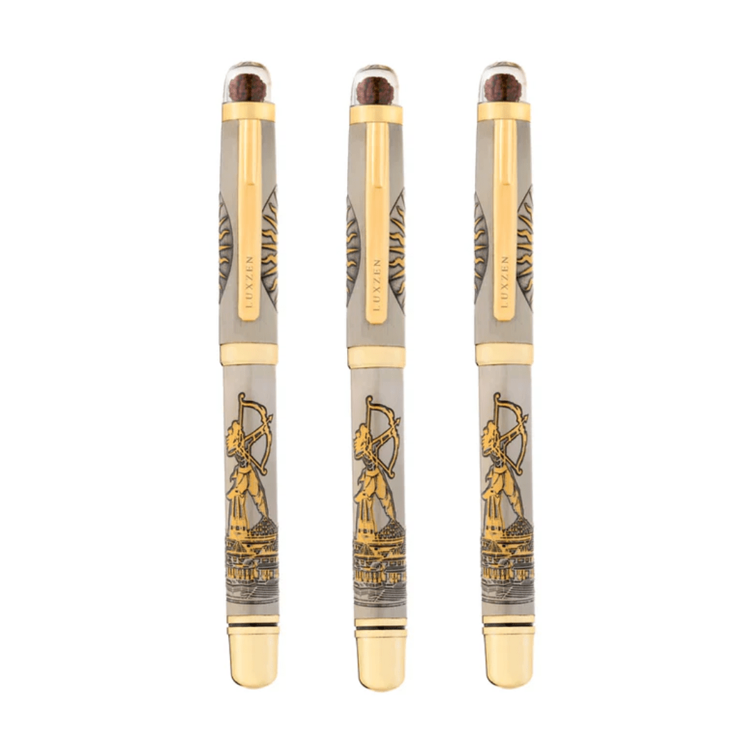 Personalised Sacred Lord Jai Shree Ram Ayodhya Metal Roller Pen with Rudraksh Bead Embed - The Gifting Era