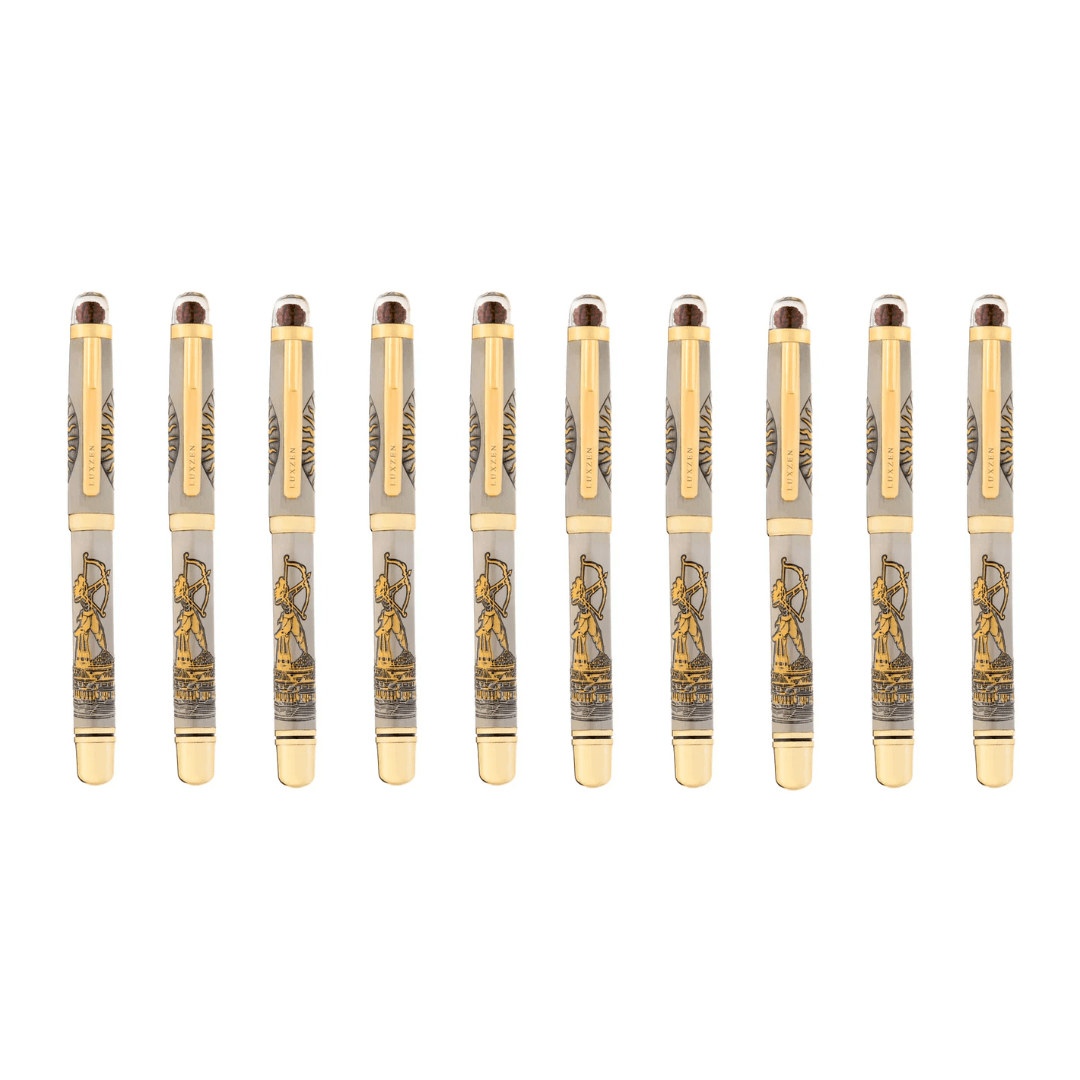 Personalised Sacred Lord Jai Shree Ram Ayodhya Metal Roller Pen with Rudraksh Bead Embed - The Gifting Era