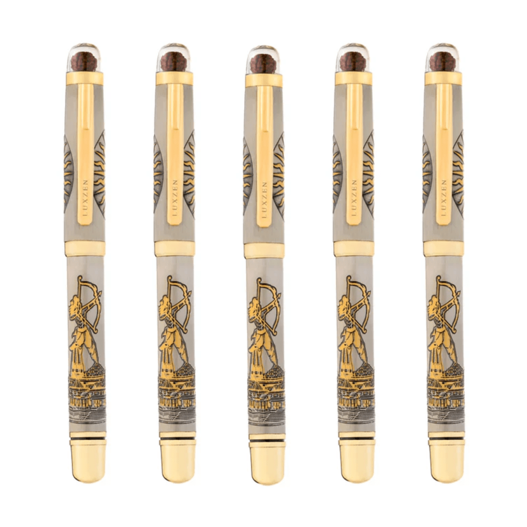 Personalised Sacred Lord Jai Shree Ram Ayodhya Metal Roller Pen with Rudraksh Bead Embed - The Gifting Era