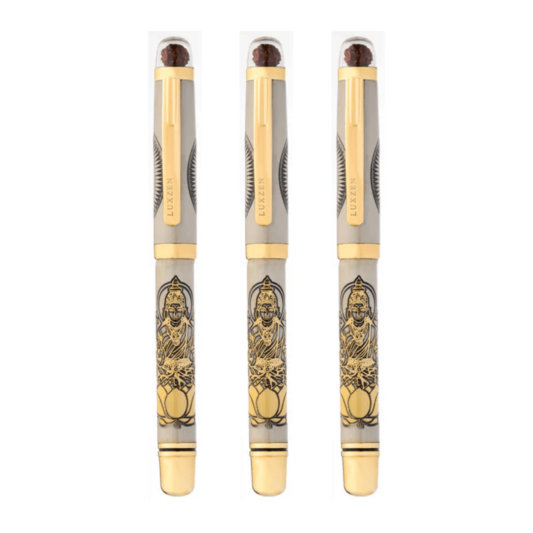 Personalised Sacred Lord Maha Laxmiji Metal Roller Pen with Rudraksh Bead Embed - The Gifting Era
