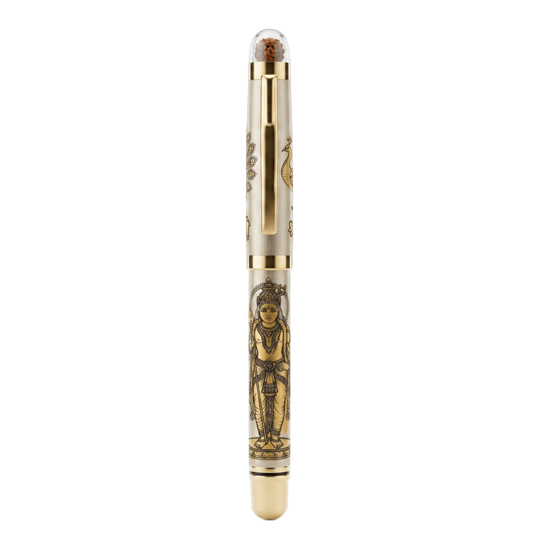 Personalised Sacred Lord Murugan Metal Roller Pen with Rudraksh Bead Embed - The Gifting Era