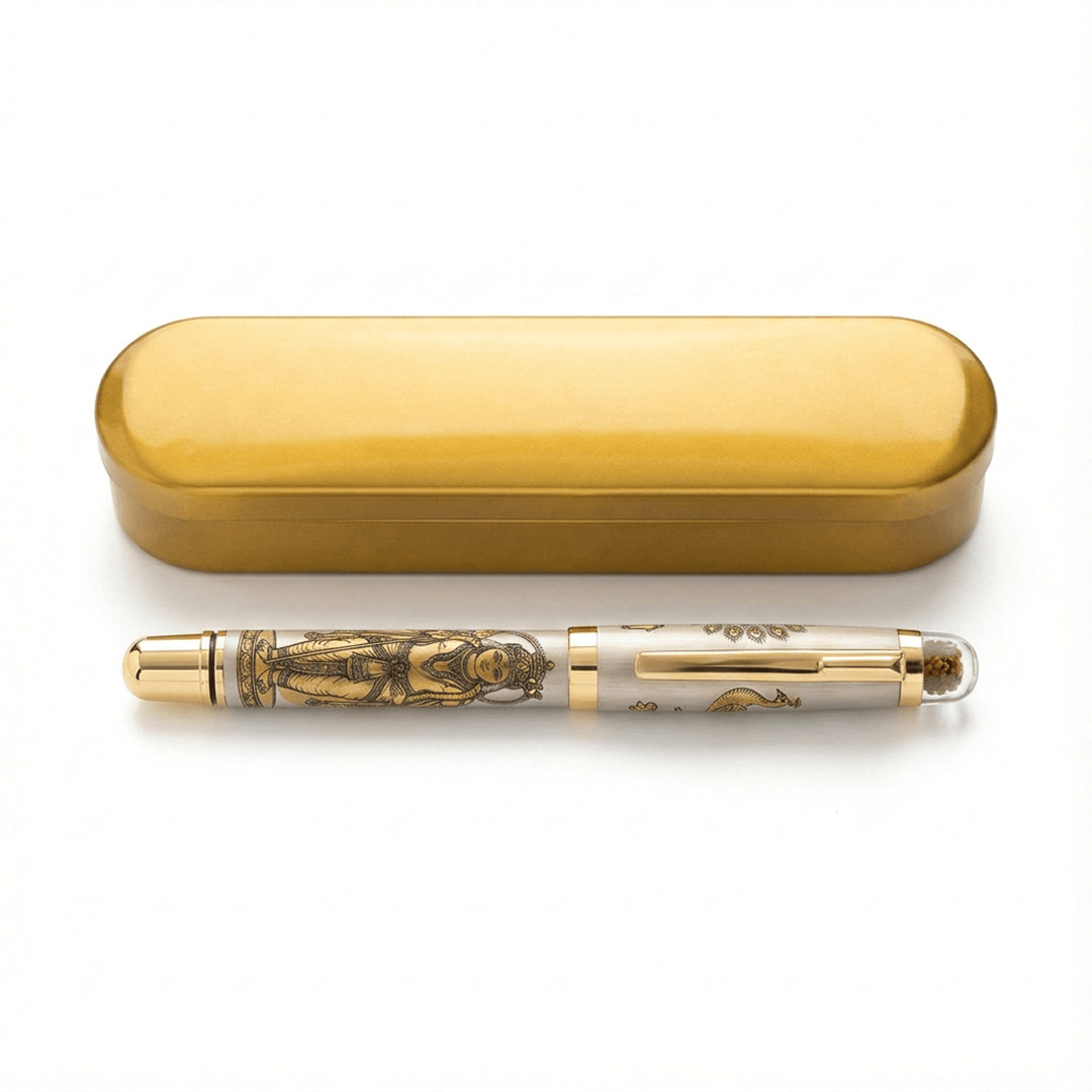 Personalised Sacred Lord Murugan Metal Roller Pen with Rudraksh Bead Embed - The Gifting Era