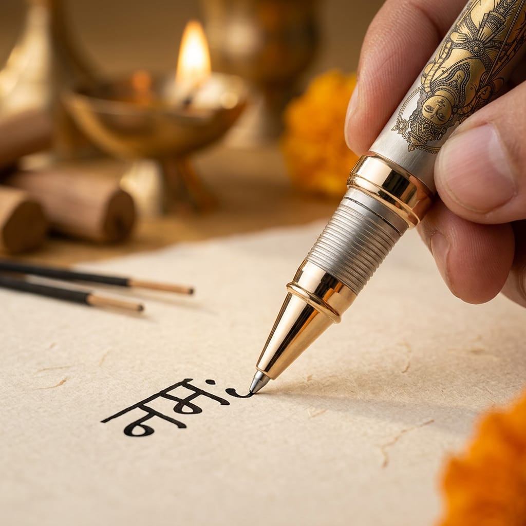 Personalised Sacred Lord Murugan Metal Roller Pen with Rudraksh Bead Embed - The Gifting Era