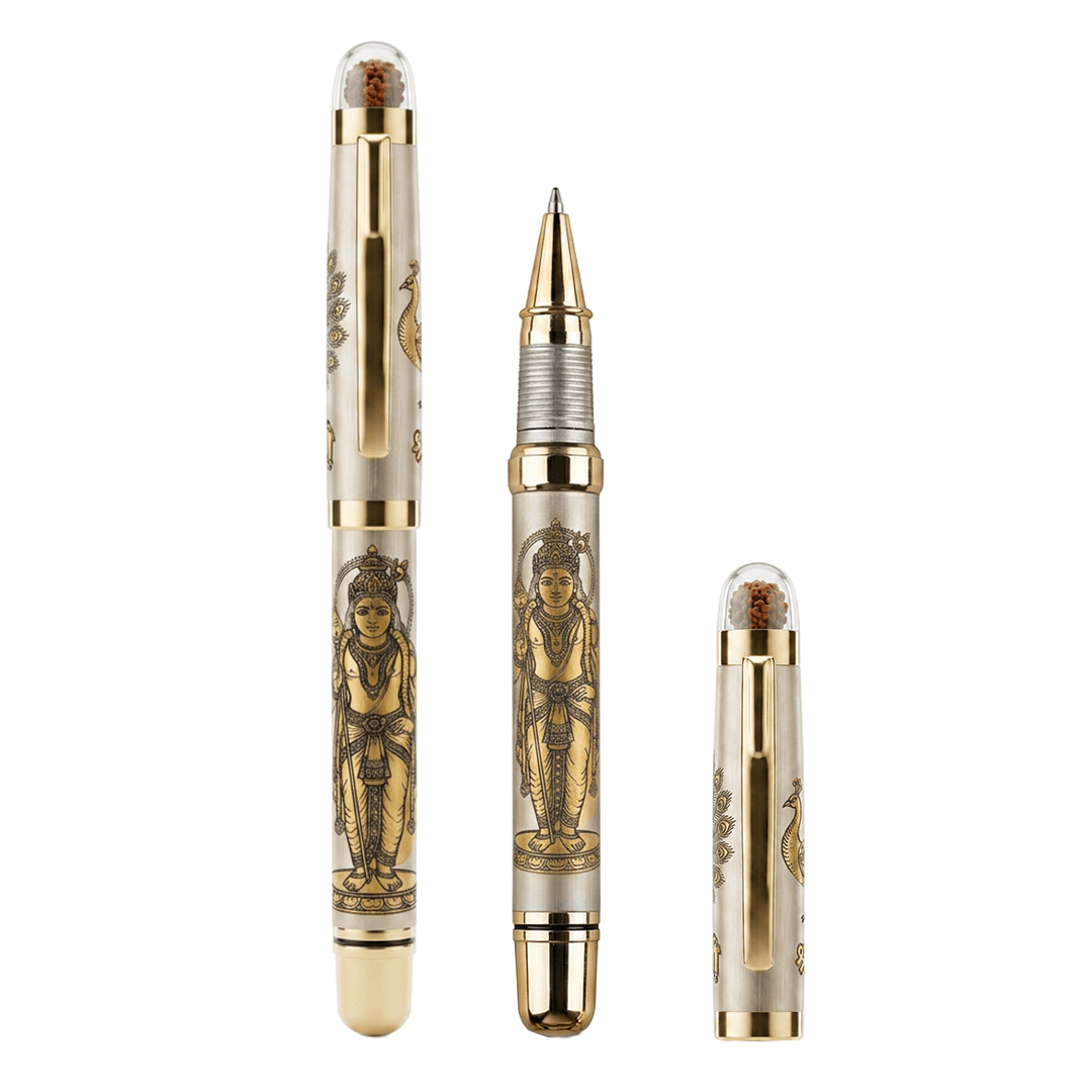 Personalised Sacred Lord Murugan Metal Roller Pen with Rudraksh Bead Embed - The Gifting Era