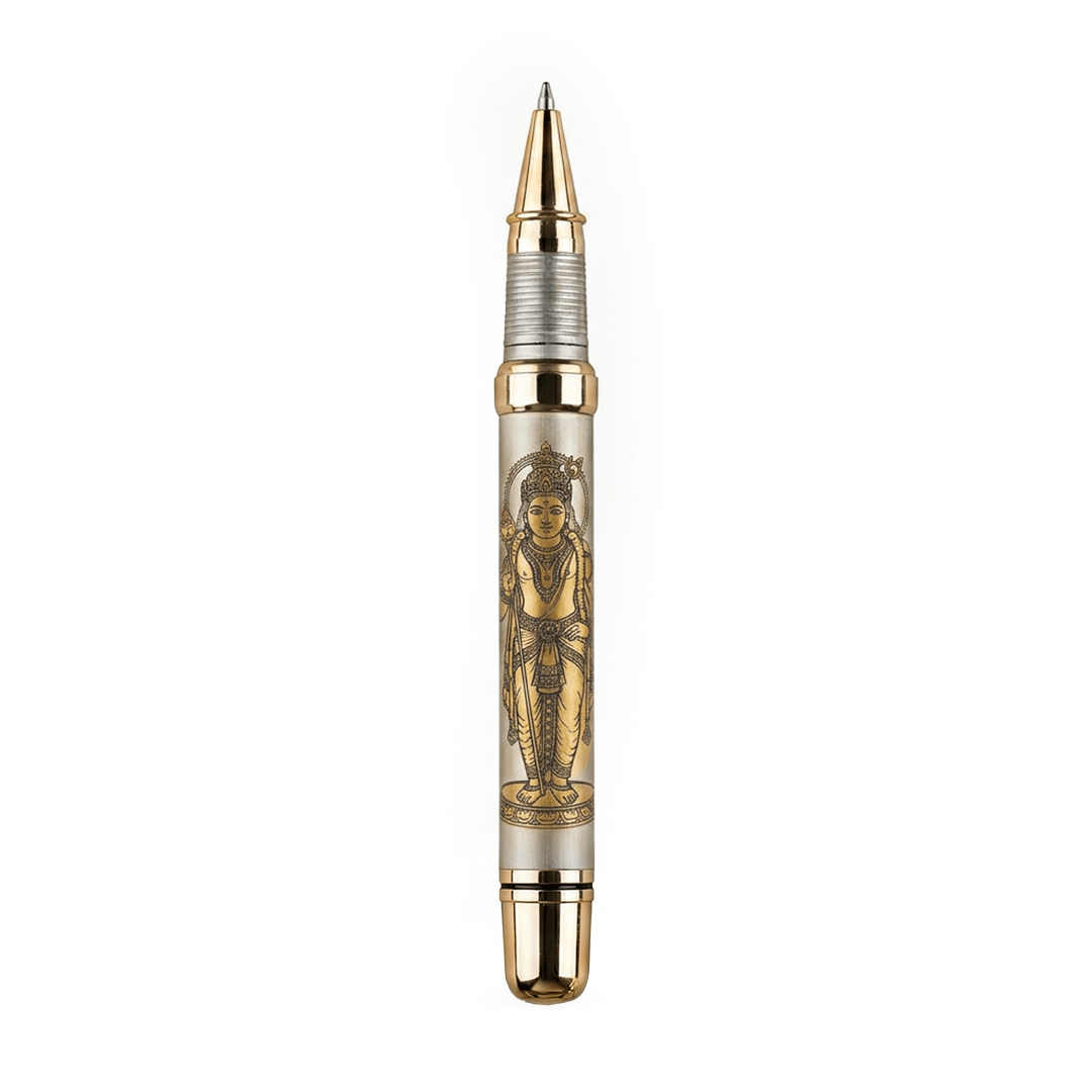 Personalised Sacred Lord Murugan Metal Roller Pen with Rudraksh Bead Embed - The Gifting Era