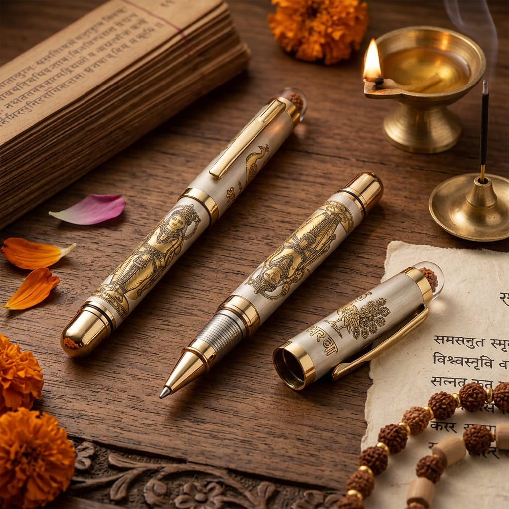 Personalised Sacred Lord Murugan Metal Roller Pen with Rudraksh Bead Embed - The Gifting Era