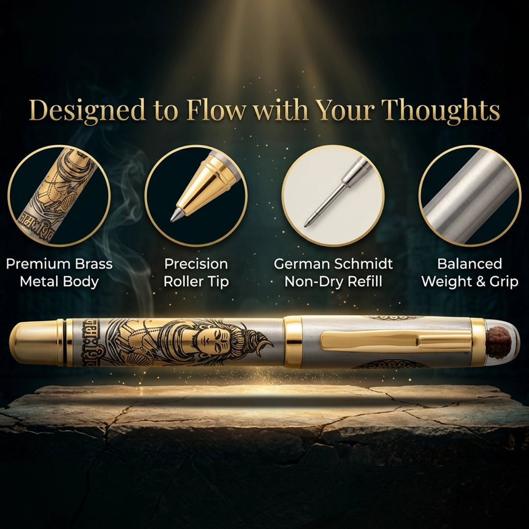 Personalised Sacred Lord Murugan Metal Roller Pen with Rudraksh Bead Embed - The Gifting Era