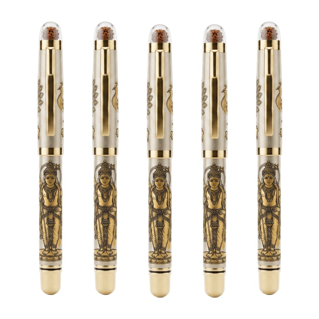 Personalised Sacred Lord Murugan Metal Roller Pen with Rudraksh Bead Embed - The Gifting Era