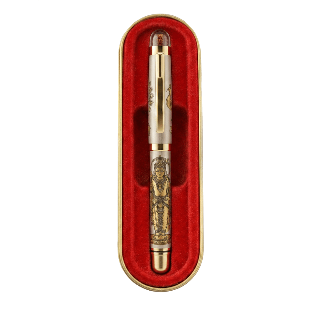 Personalised Sacred Lord Murugan Metal Roller Pen with Rudraksh Bead Embed - The Gifting Era