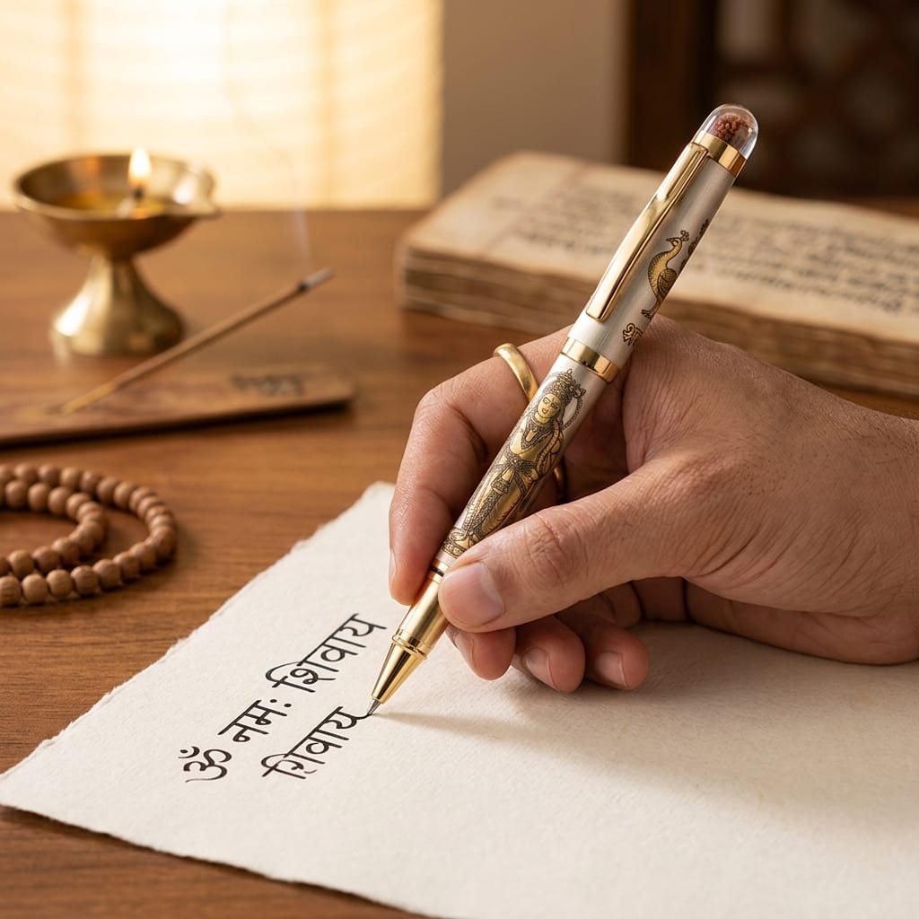 Personalised Sacred Lord Murugan Metal Roller Pen with Rudraksh Bead Embed - The Gifting Era