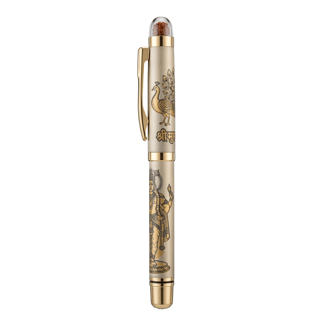 Personalised Sacred Lord Murugan Metal Roller Pen with Rudraksh Bead Embed - The Gifting Era