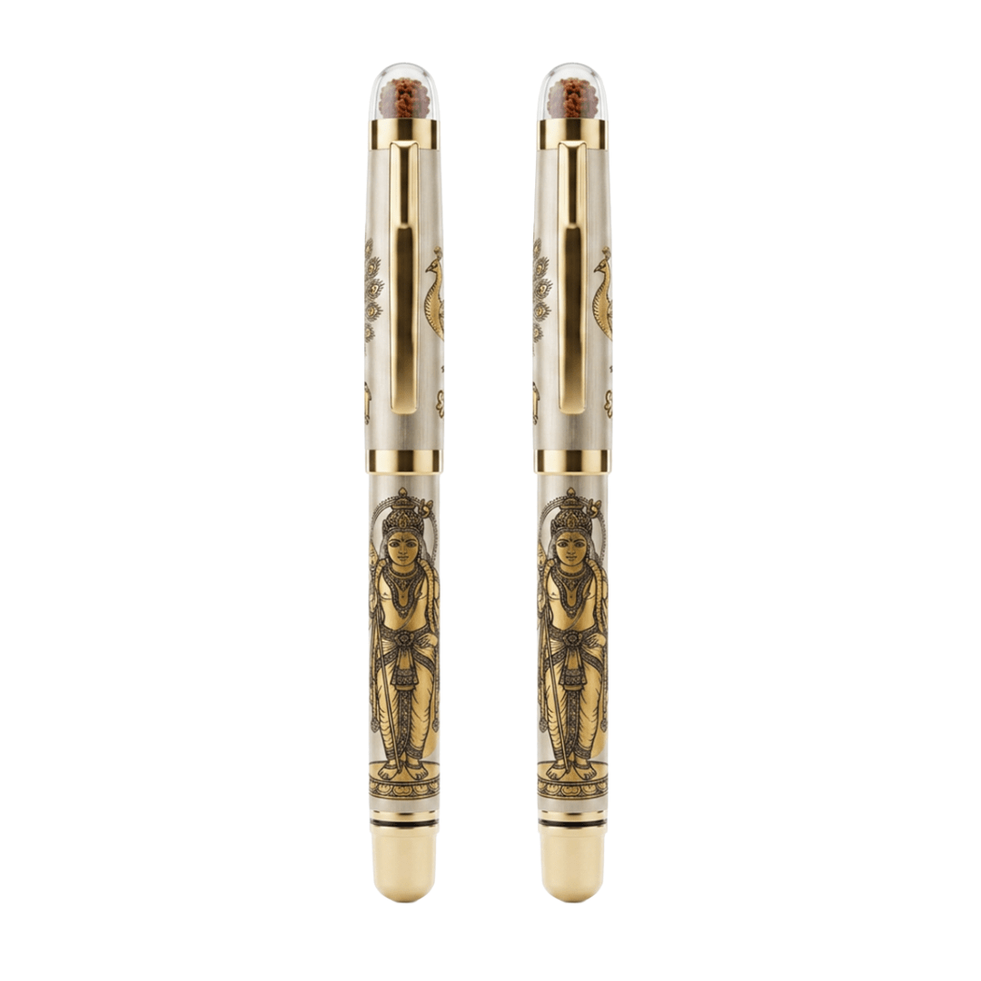 Personalised Sacred Lord Murugan Metal Roller Pen with Rudraksh Bead Embed - The Gifting Era