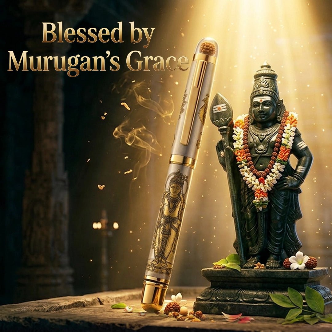 Personalised Sacred Lord Murugan Metal Roller Pen with Rudraksh Bead Embed - The Gifting Era