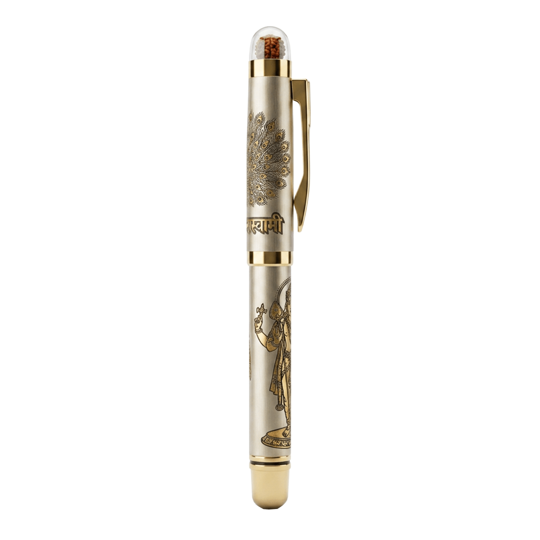 Personalised Sacred Lord Murugan Metal Roller Pen with Rudraksh Bead Embed - The Gifting Era