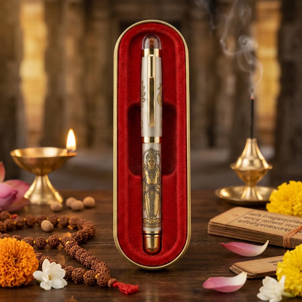 Personalised Sacred Lord Murugan Metal Roller Pen with Rudraksh Bead Embed - The Gifting Era