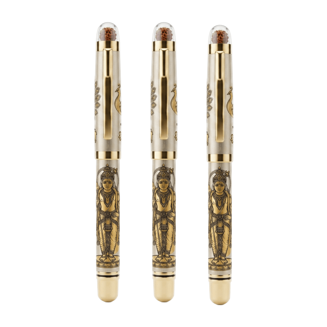 Personalised Sacred Lord Murugan Metal Roller Pen with Rudraksh Bead Embed - The Gifting Era