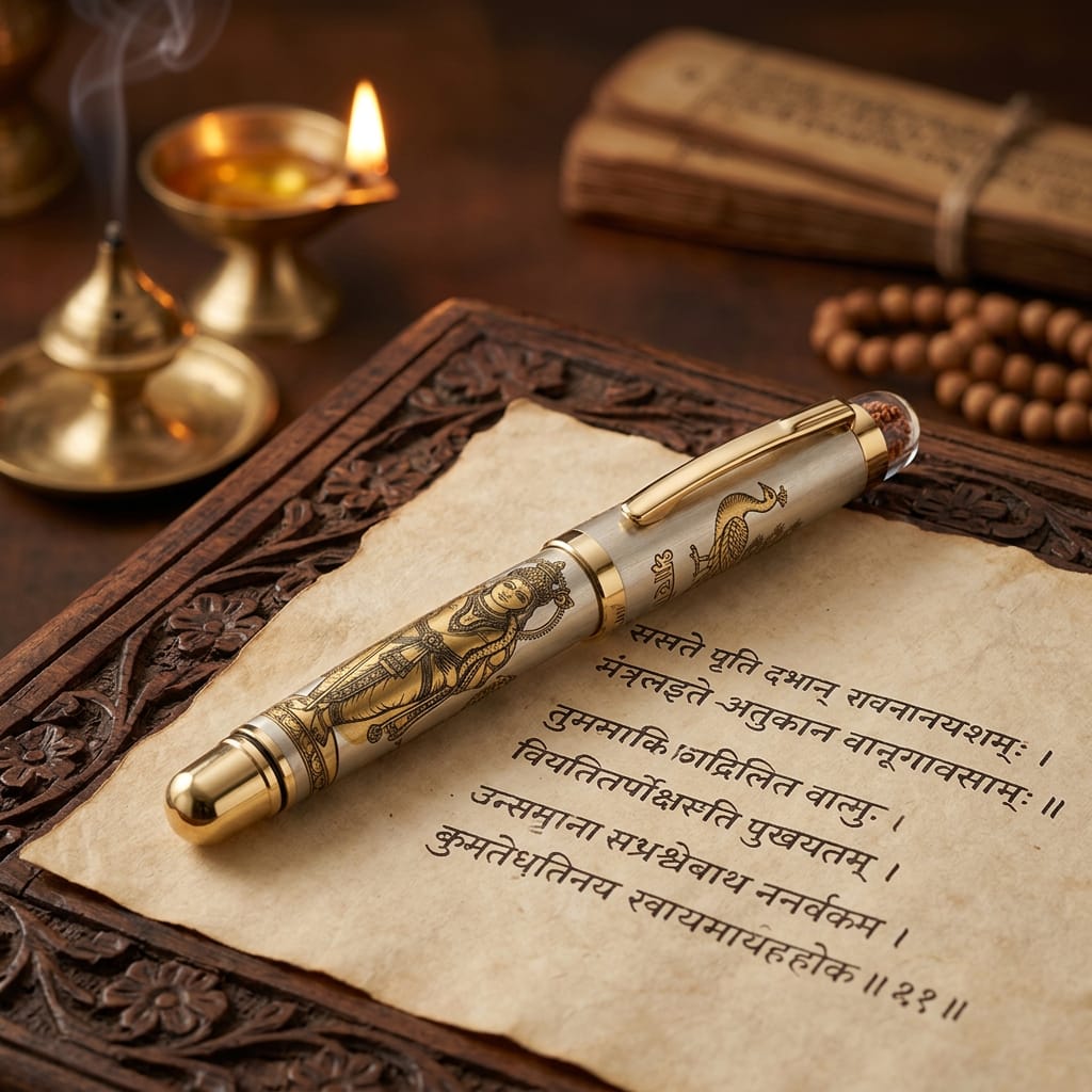 Personalised Sacred Lord Murugan Metal Roller Pen with Rudraksh Bead Embed - The Gifting Era