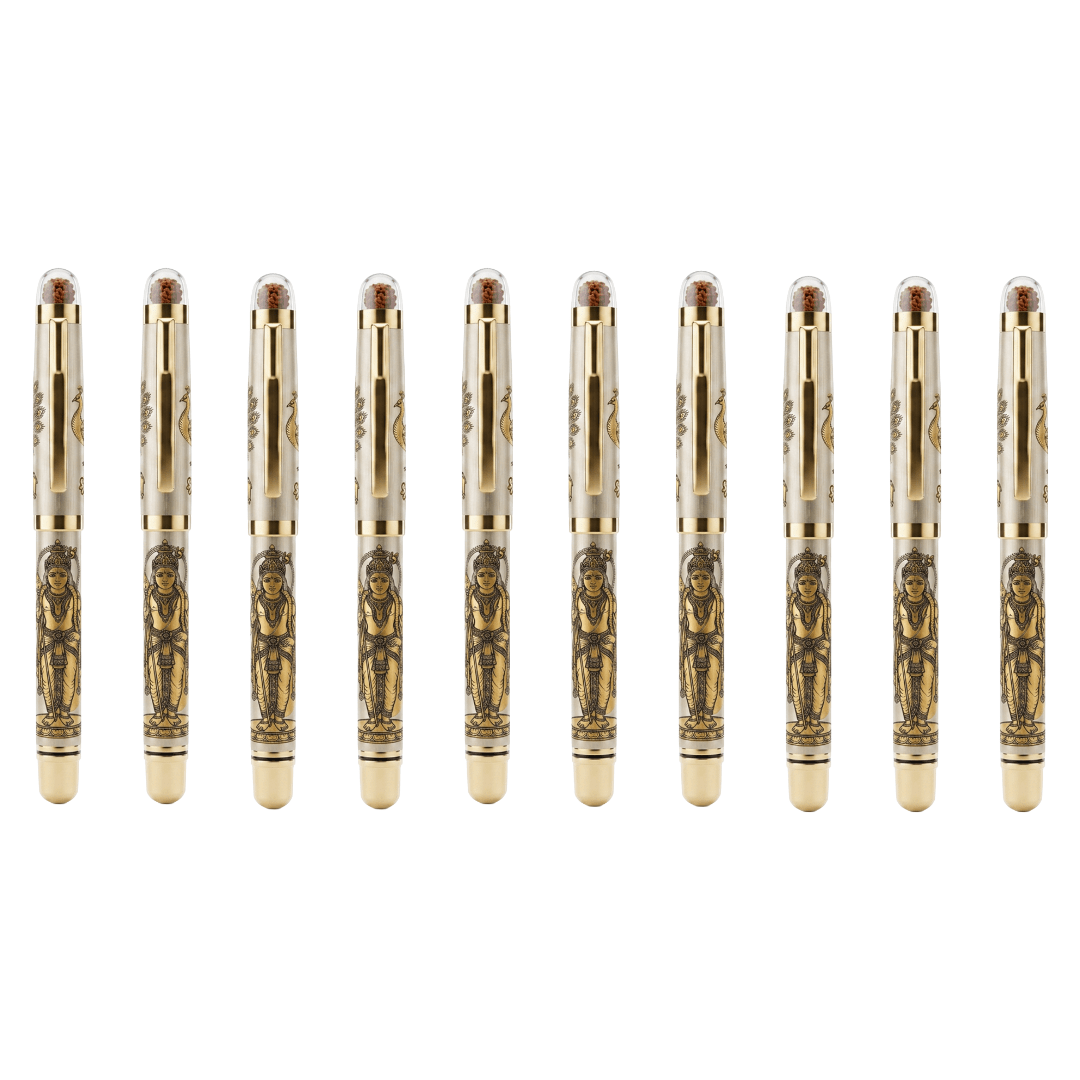 Personalised Sacred Lord Murugan Metal Roller Pen with Rudraksh Bead Embed - The Gifting Era