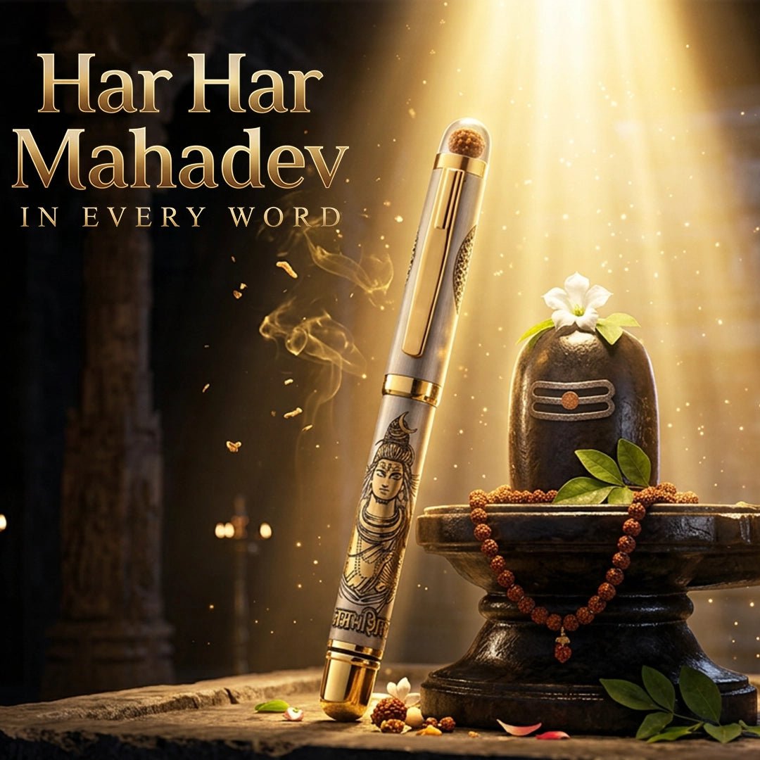 Personalised Sacred Lord Shankar Mahadev Metal Roller Pen with Rudraksh Bead Embed - The Gifting Era