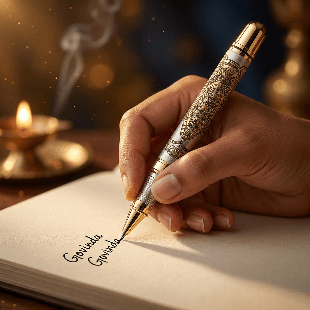 Personalised Sacred Lord Tirupati Balaji Metal Roller Pen with Rudraksh Bead Embed - The Gifting Era