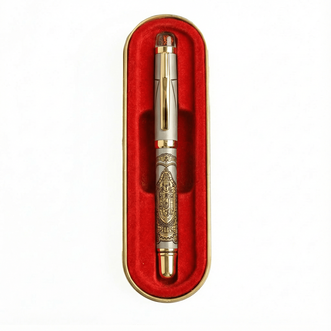 Personalised Sacred Lord Tirupati Balaji Metal Roller Pen with Rudraksh Bead Embed - The Gifting Era