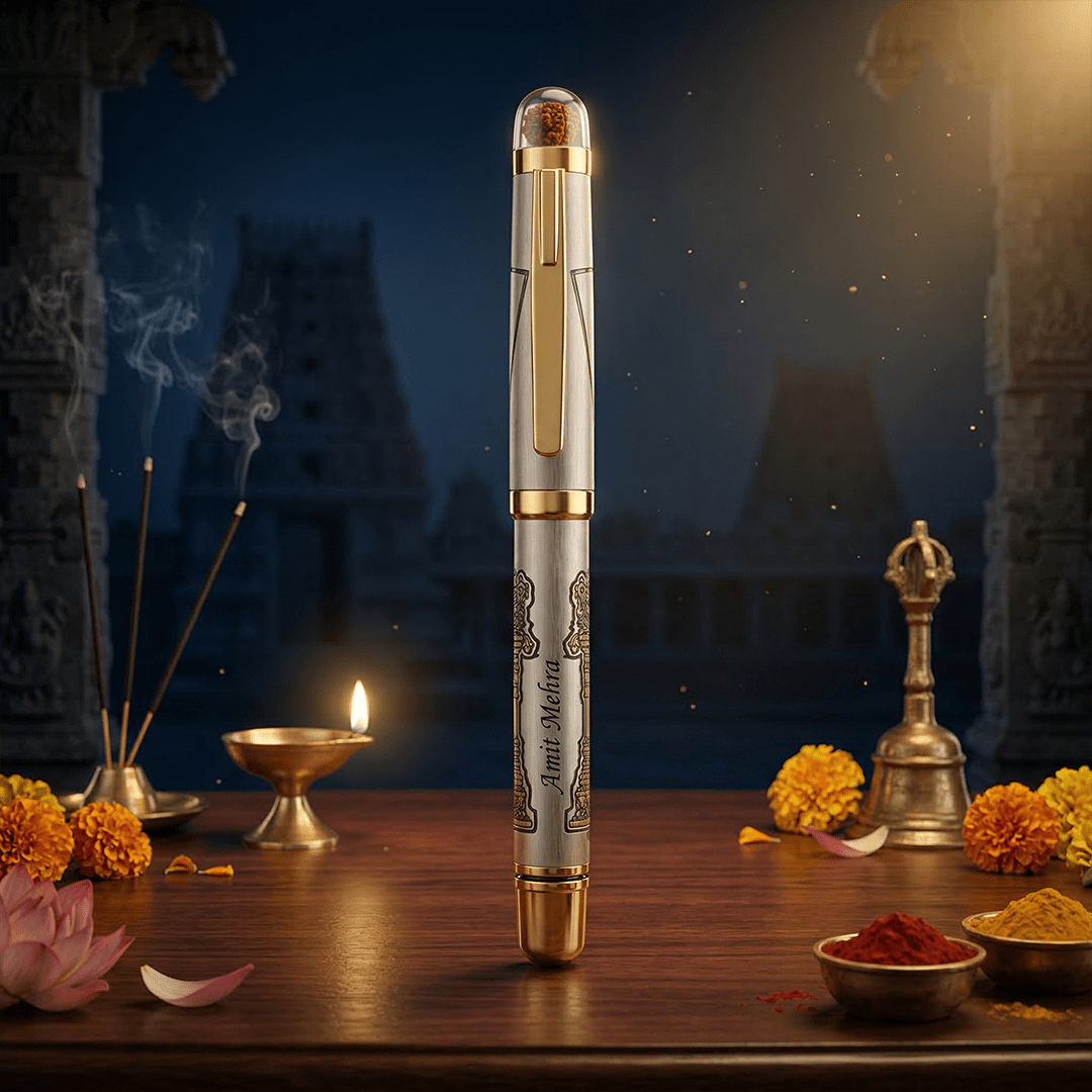 Personalised Sacred Lord Tirupati Balaji Metal Roller Pen with Rudraksh Bead Embed - The Gifting Era
