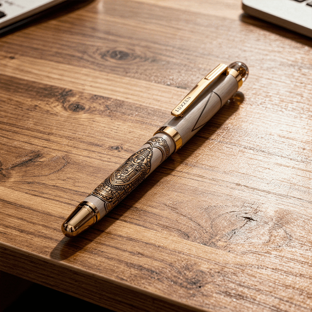 Personalised Sacred Lord Tirupati Balaji Metal Roller Pen with Rudraksh Bead Embed - The Gifting Era