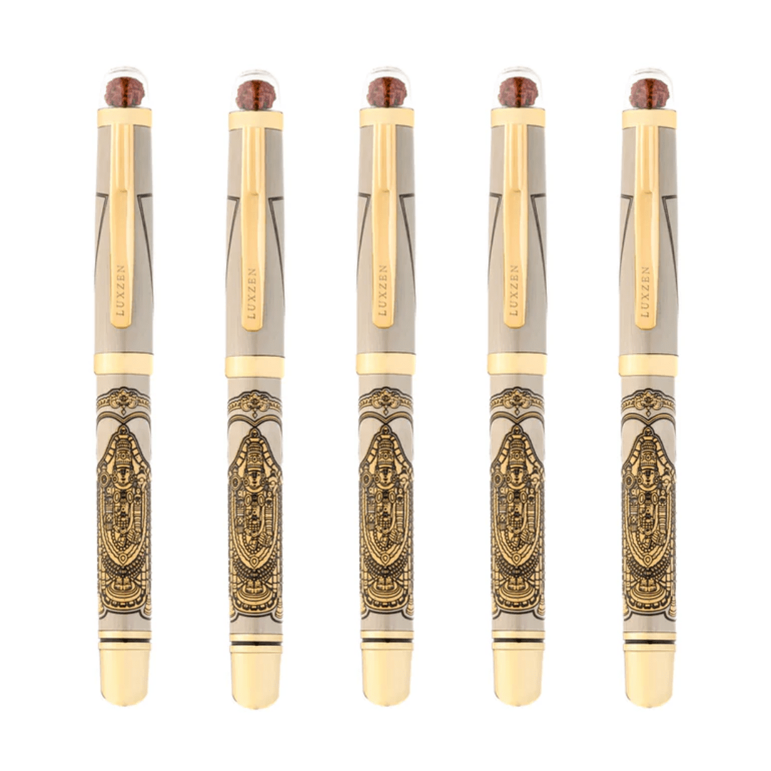 Personalised Sacred Lord Tirupati Balaji Metal Roller Pen with Rudraksh Bead Embed - The Gifting Era