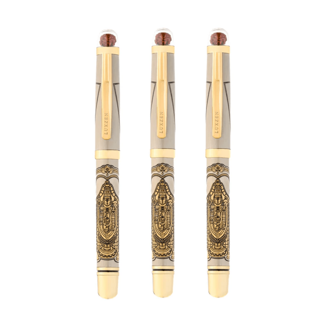 Personalised Sacred Lord Tirupati Balaji Metal Roller Pen with Rudraksh Bead Embed - The Gifting Era
