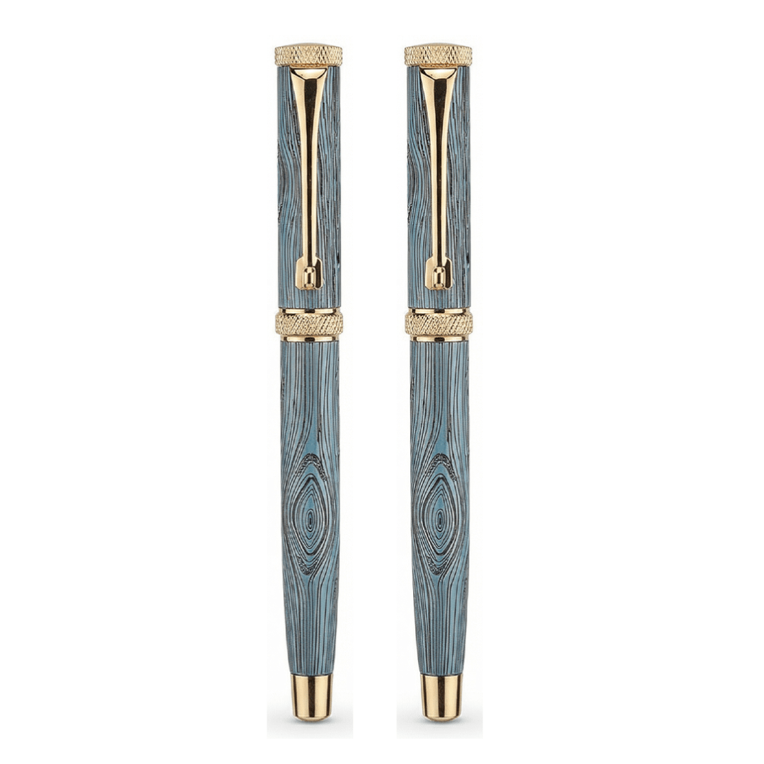 Personalised Woodwright Limited Edition Wooden Textured Metallic Fountain Pen - Imperial Blue Gold - The Gifting Era