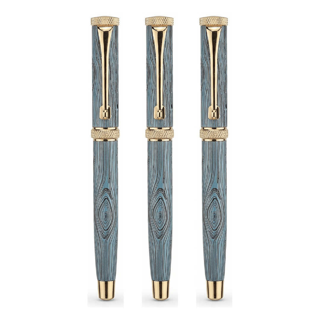 Personalised Woodwright Limited Edition Wooden Textured Metallic Fountain Pen - Imperial Blue Gold - The Gifting Era