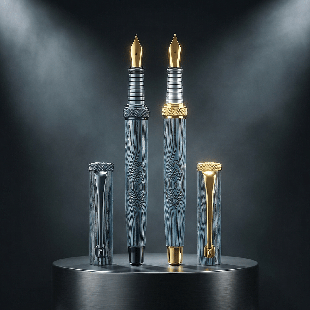 Personalised Woodwright Limited Edition Wooden Textured Metallic Fountain Pen - Imperial Blue (Set of 2) - The Gifting Era