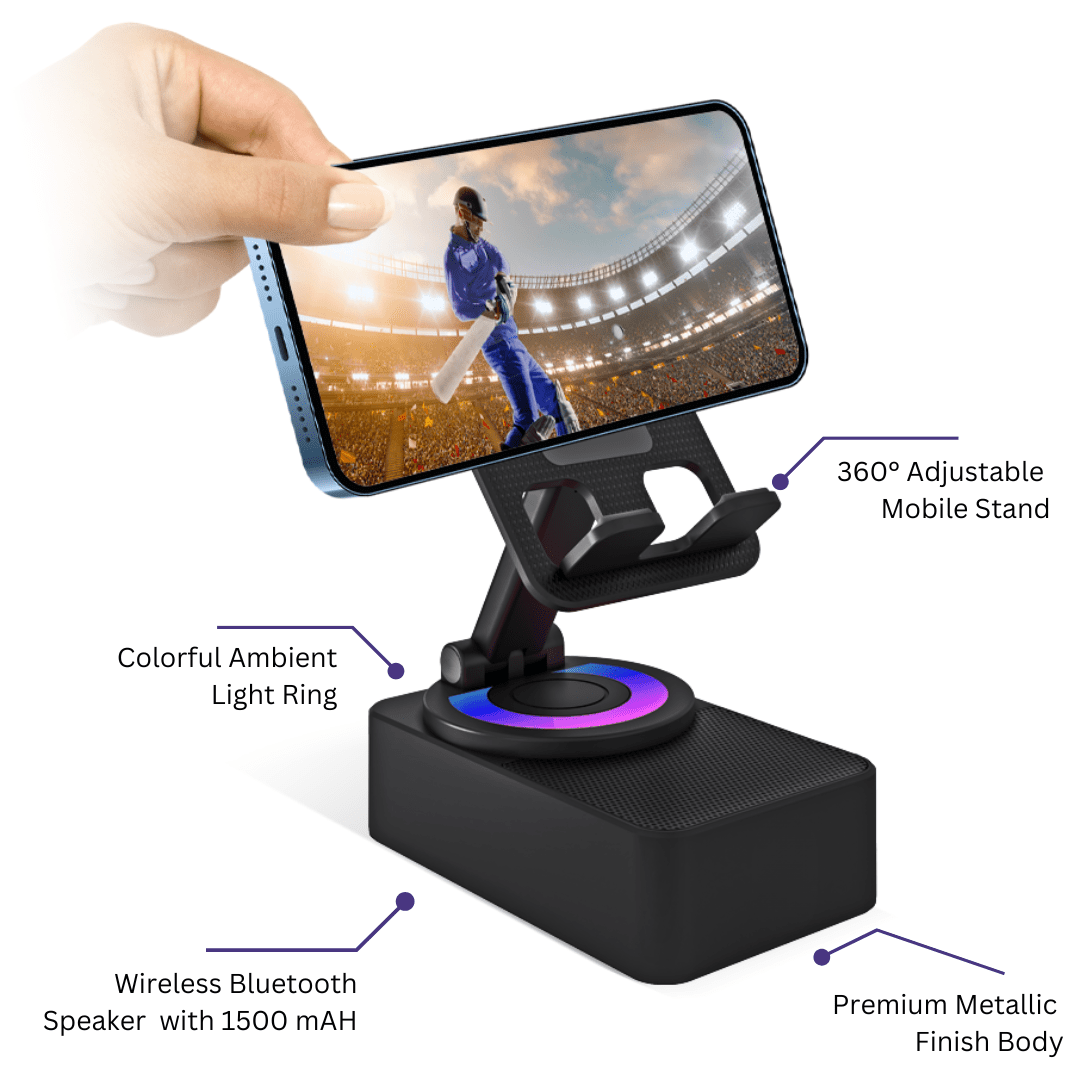 Premium 360° Smart Rotating Mobile Stand with 1500 mAH Wireless Bluetooth Speaker & Ambient RGB Led Light - The Gifting Era