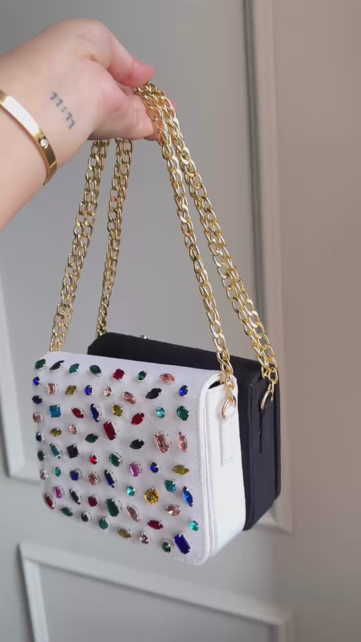 Premium Crystal Gemstone Denim Flap Sling Bag