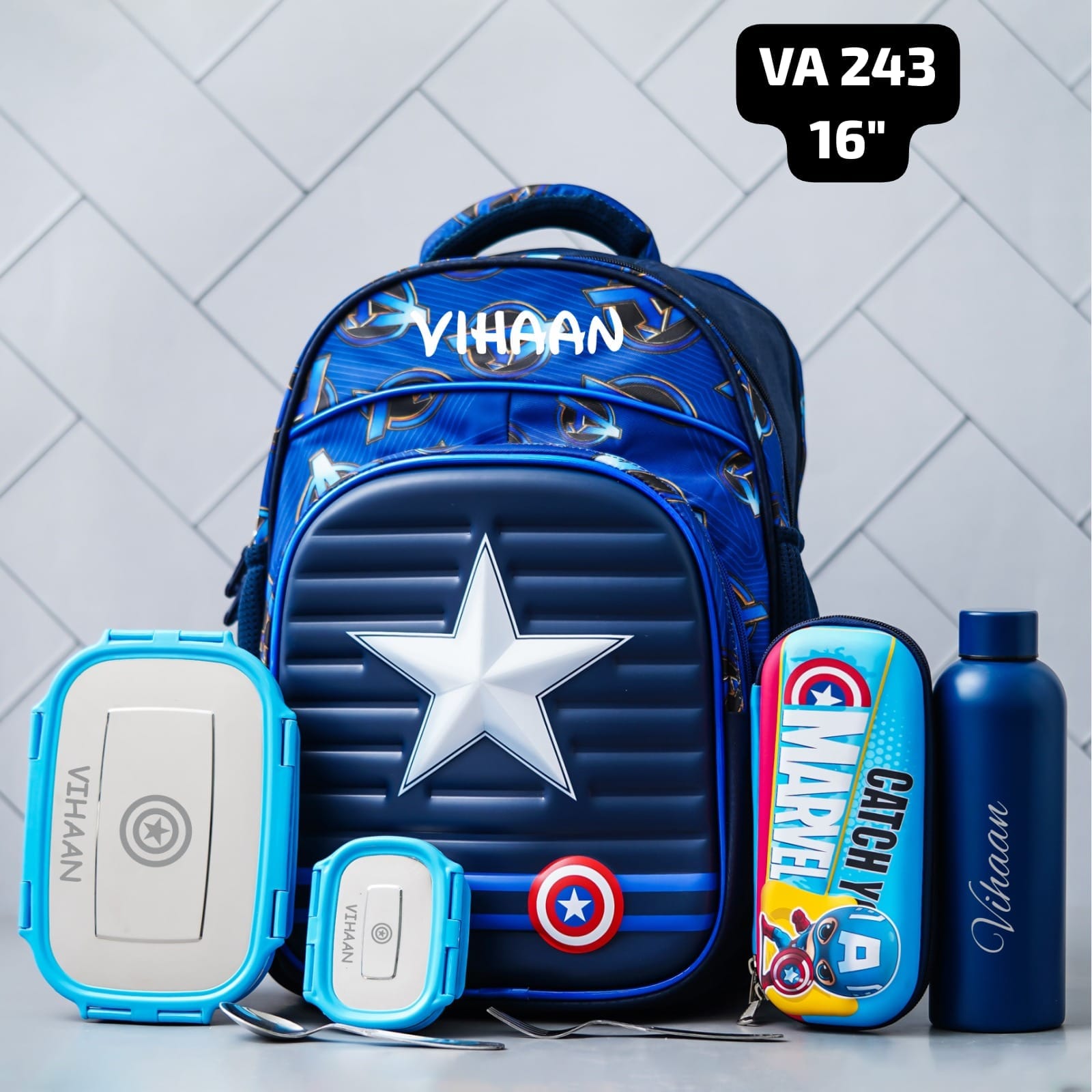 Personalised Kids Captain America Theme Premium School Bag Hamper (VA243) - The Gifting Era