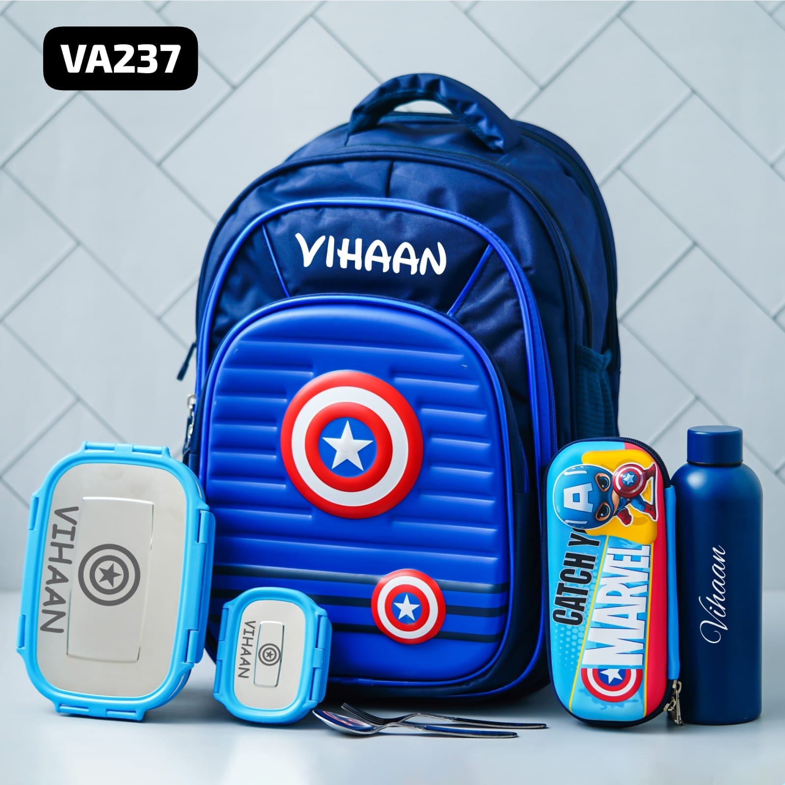  Personalised Kids Captain America Theme Premium School Bag Hamper (VA237) - The Gifting Era