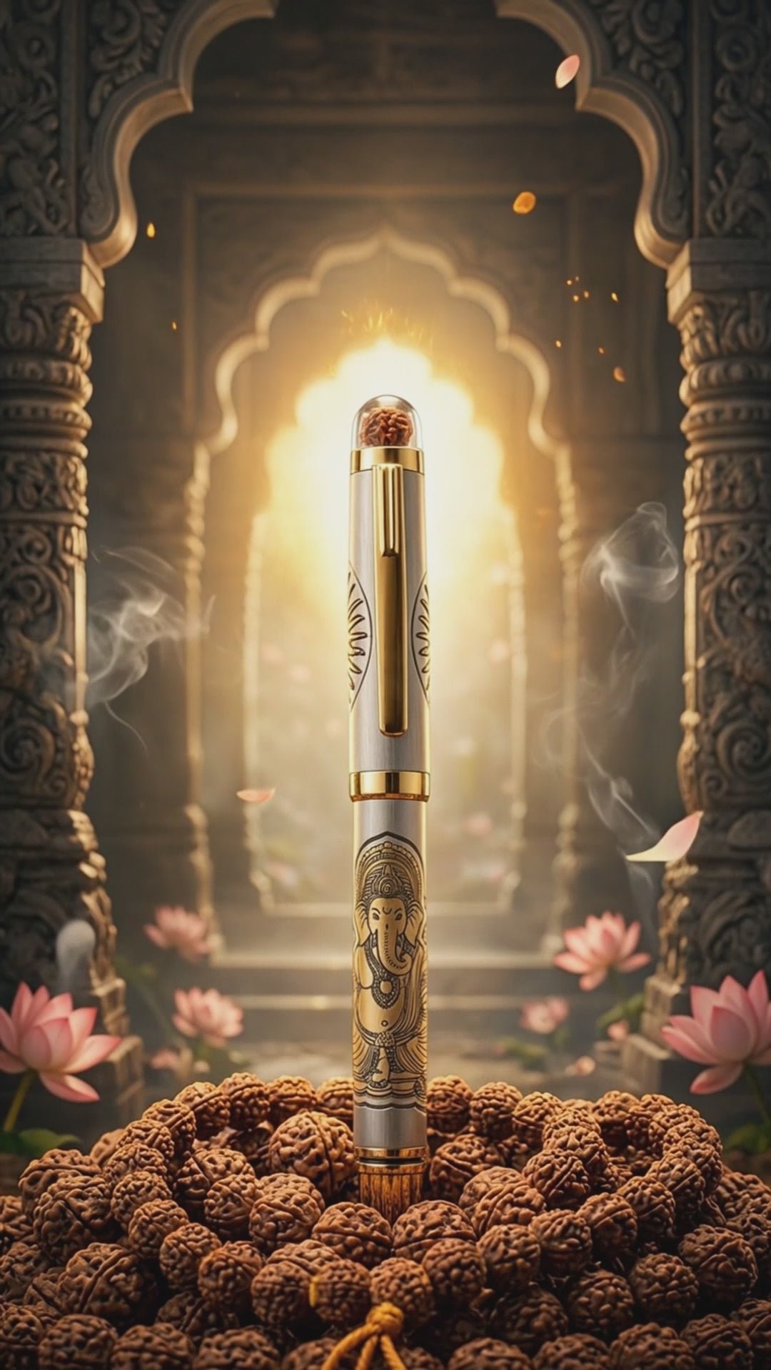 Personalised Sacred Lord Ganeshji Metal Roller Pen with Rudraksh Bead Embed