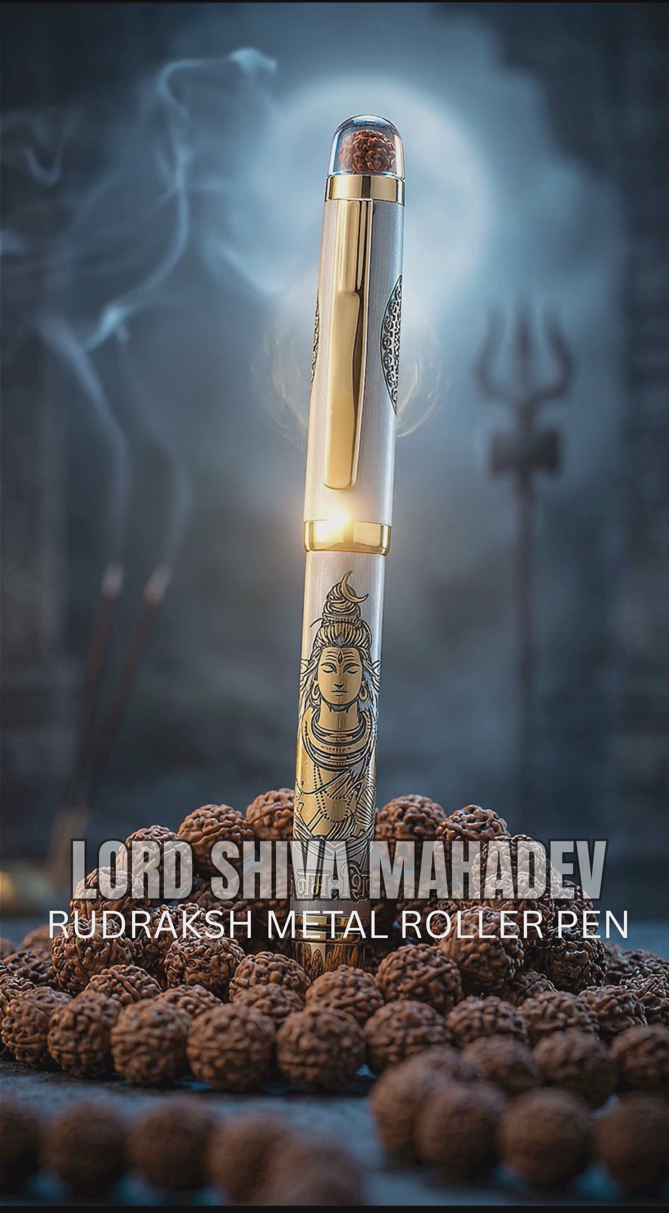 Personalised Sacred Lord Shankar Mahadev Metal Roller Pen with Rudraksh Bead Embed