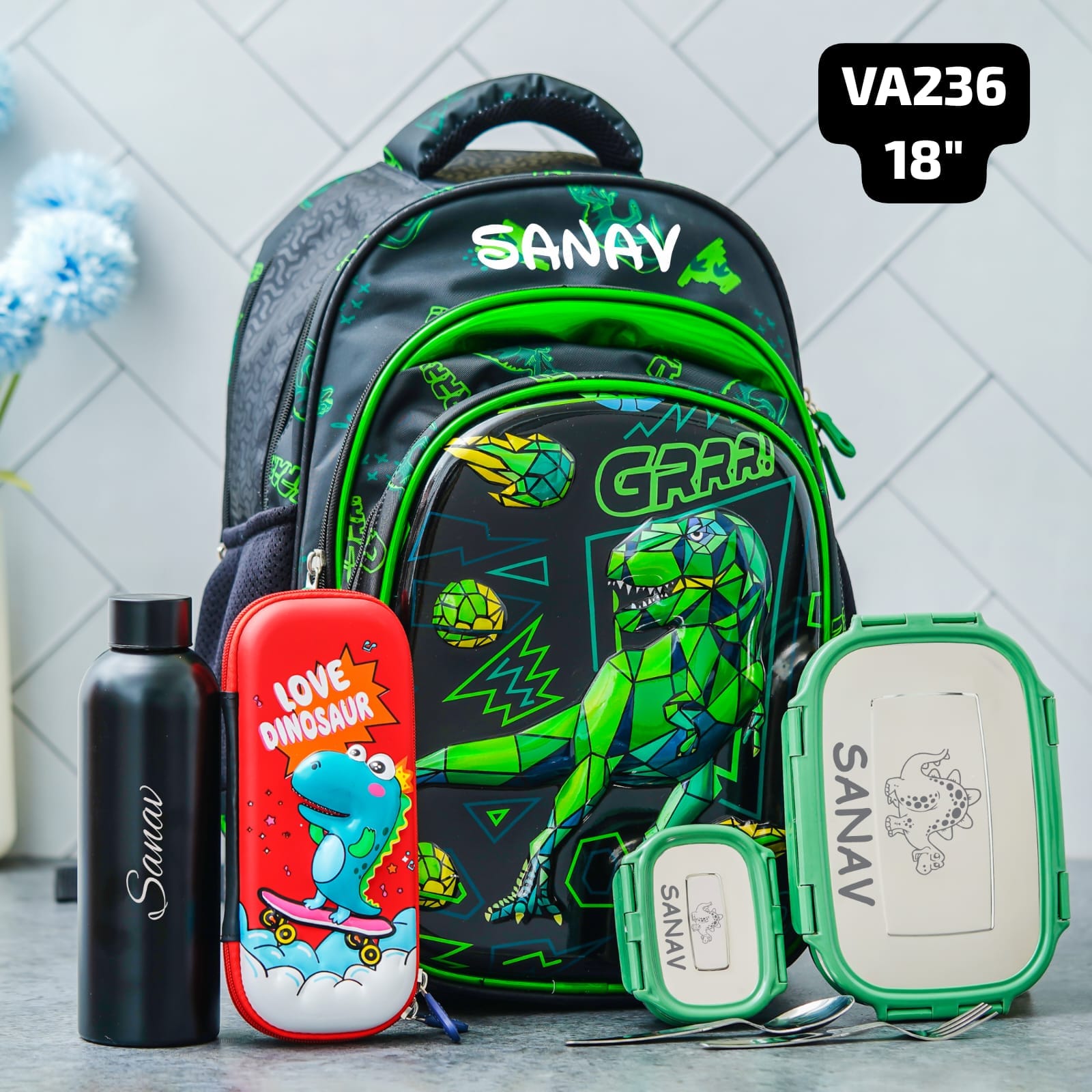Personalised Kids Dino Theme Premium School Bag Hamper (VA236)