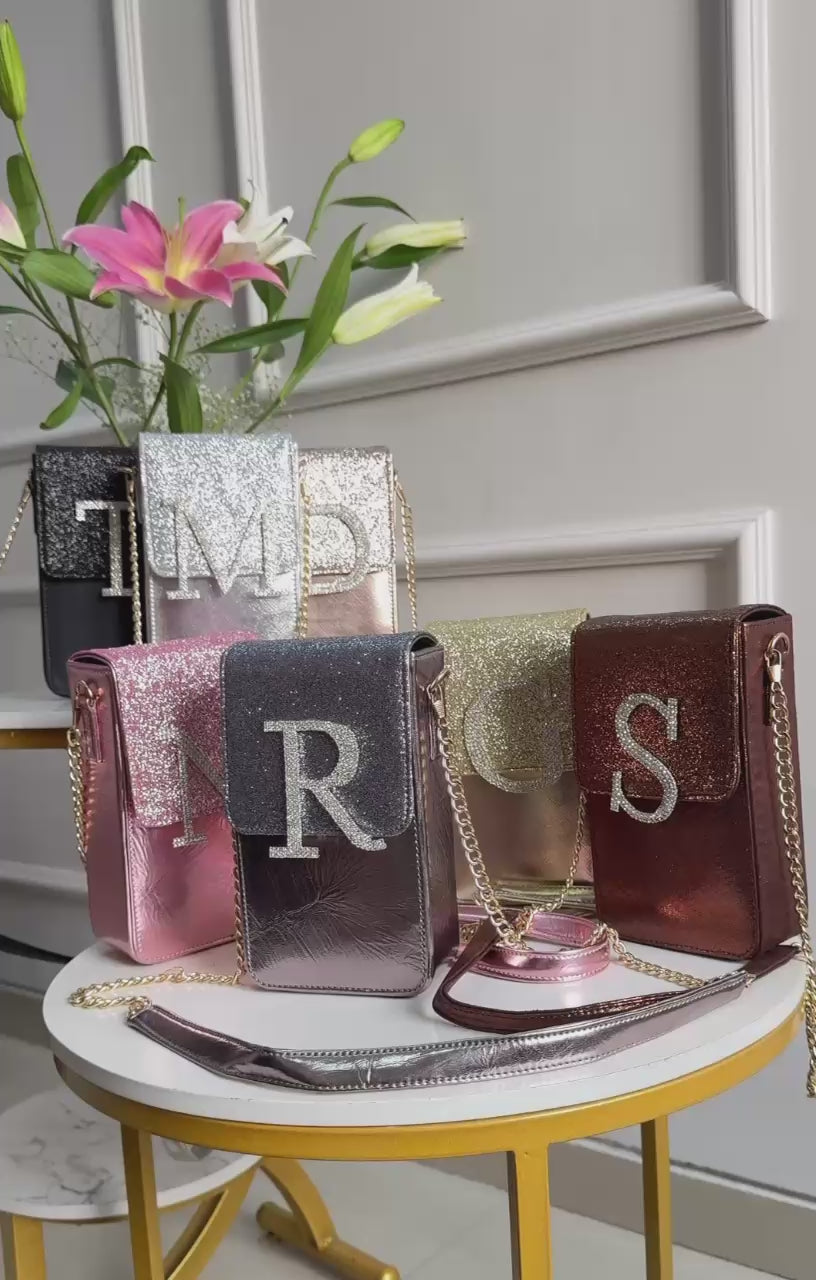 Personalised Premium Glitter Luxe Monogram Initial Crossbody Sling Bag