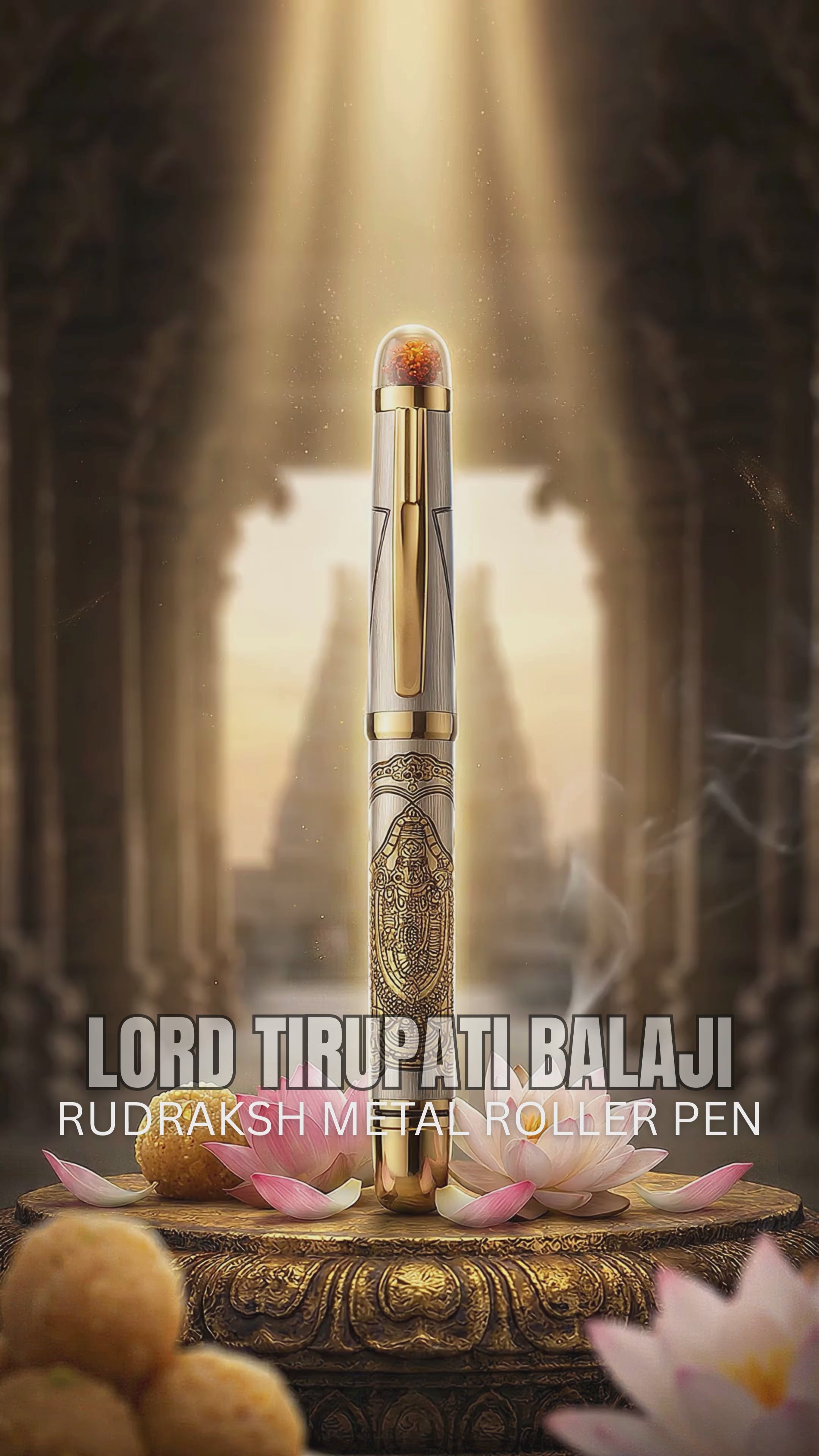 Personalised Sacred Lord Tirupati Balaji Metal Roller Pen with Rudraksh Bead Embed