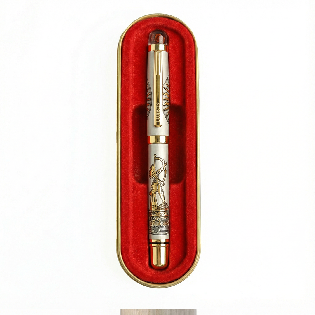 Personalised Sacred Lord Jai Shree Ram Ayodhya Metal Roller Pen with Rudraksh Bead Embed - The Gifting Era