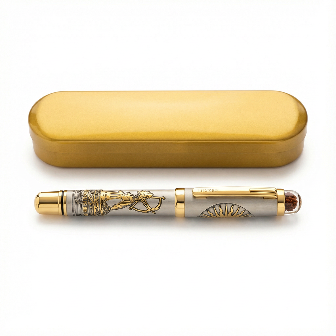 Personalised Sacred Lord Jai Shree Ram Ayodhya Metal Roller Pen with Rudraksh Bead Embed - The Gifting Era