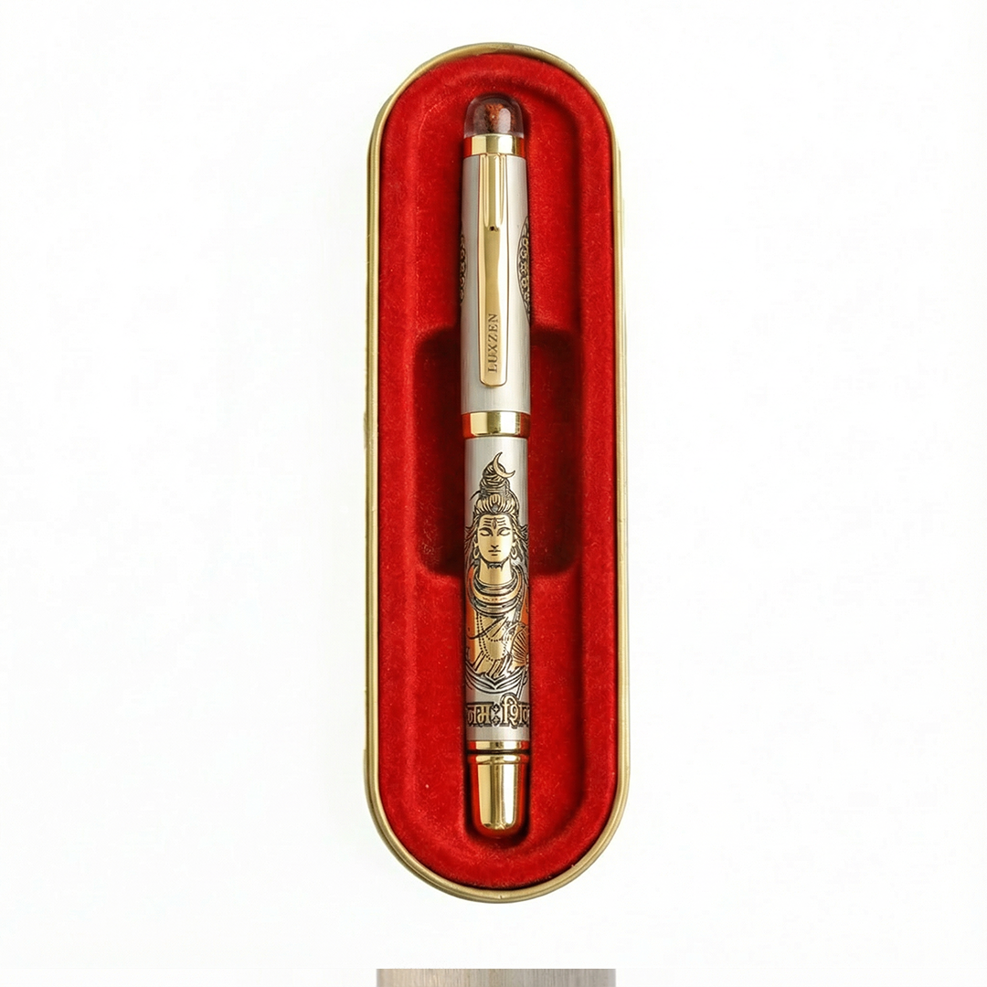 Personalised Sacred Lord Shankar Mahadev Metal Roller Pen with Rudraksh Bead Embed - The Gifting Era