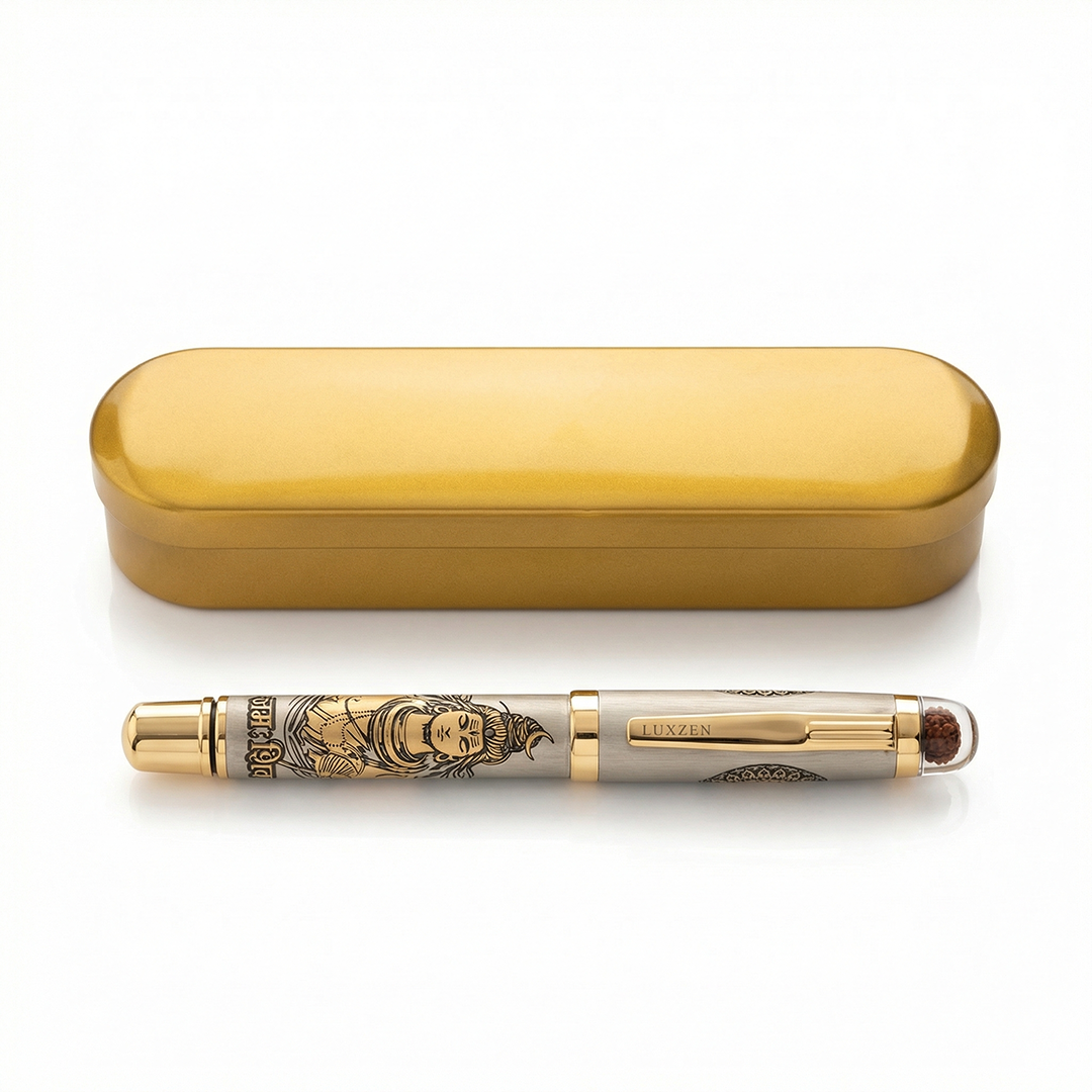 Personalised Sacred Lord Shankar Mahadev Metal Roller Pen with Rudraksh Bead Embed - The Gifting Era