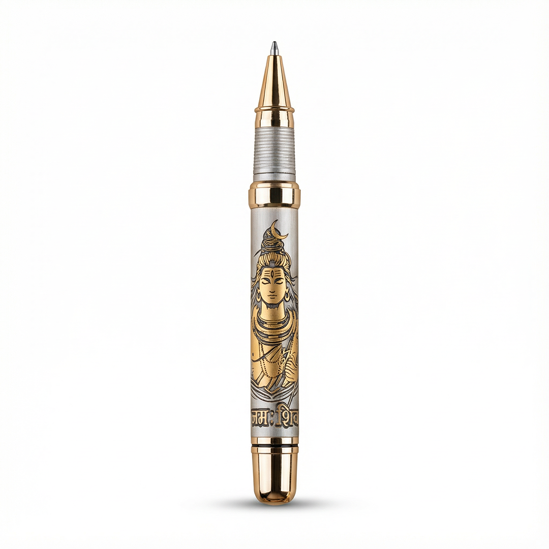 Personalised Sacred Lord Shankar Mahadev Metal Roller Pen with Rudraksh Bead Embed - The Gifting Era