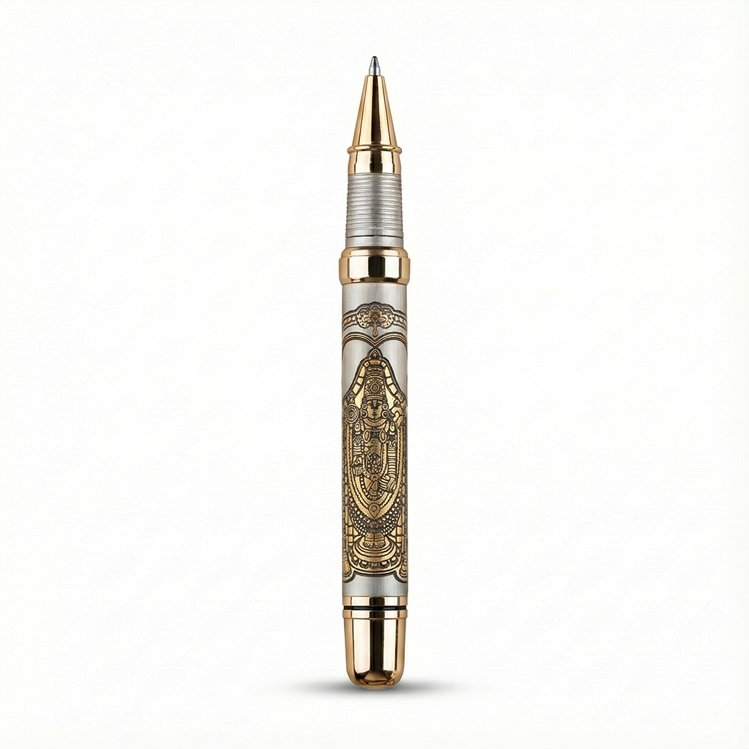 Personalised Sacred Lord Tirupati Balaji Metal Roller Pen with Rudraksh Bead Embed - The Gifting Era